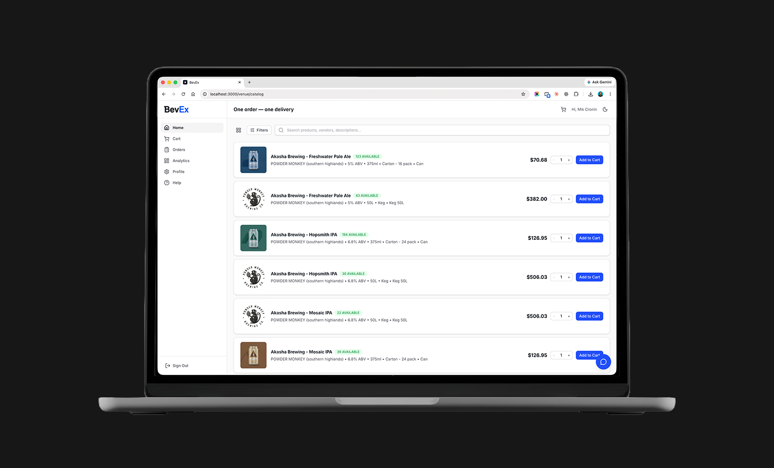 BevEx catalog with one order and one delivery