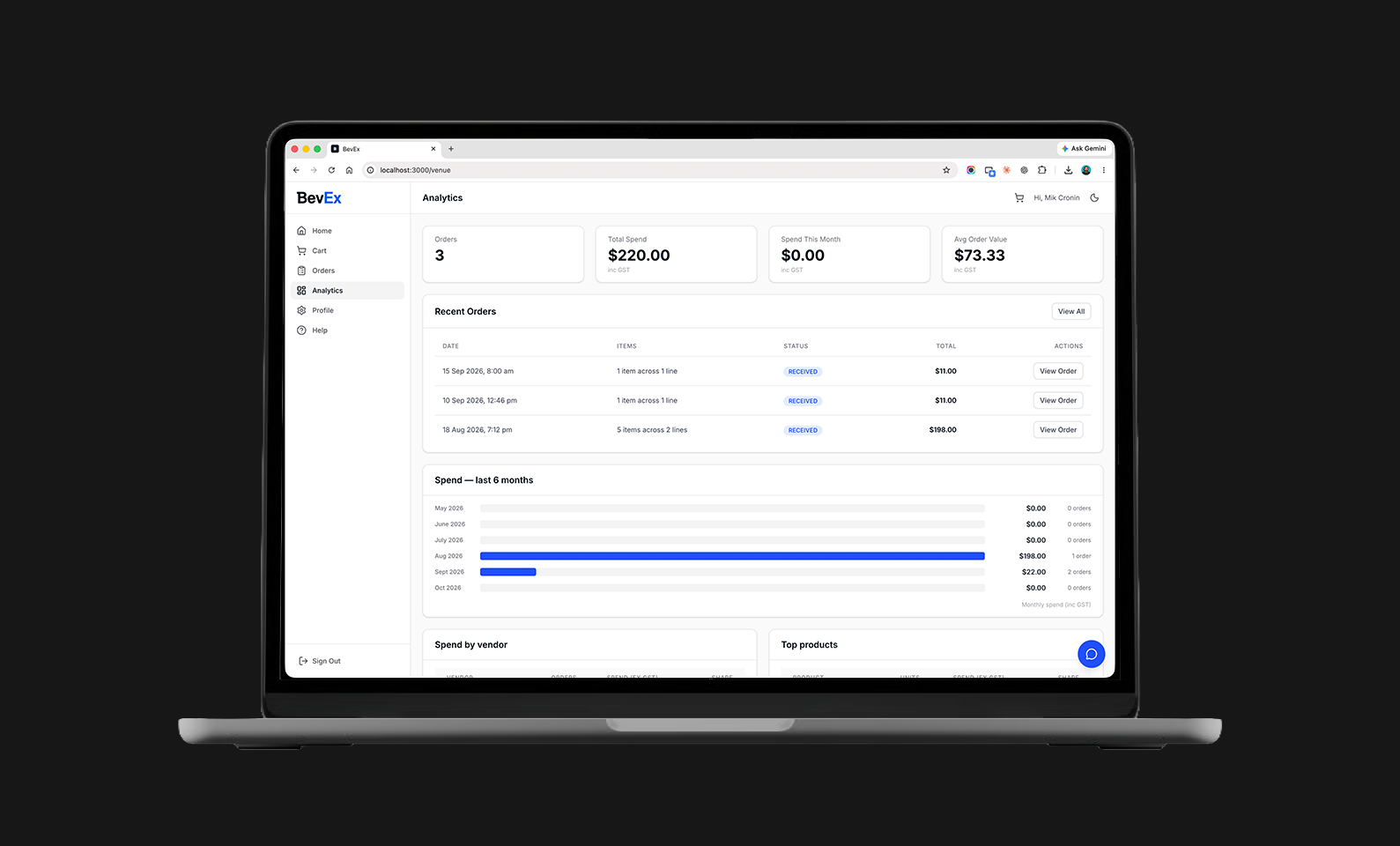 BevEx venue analytics and recent orders