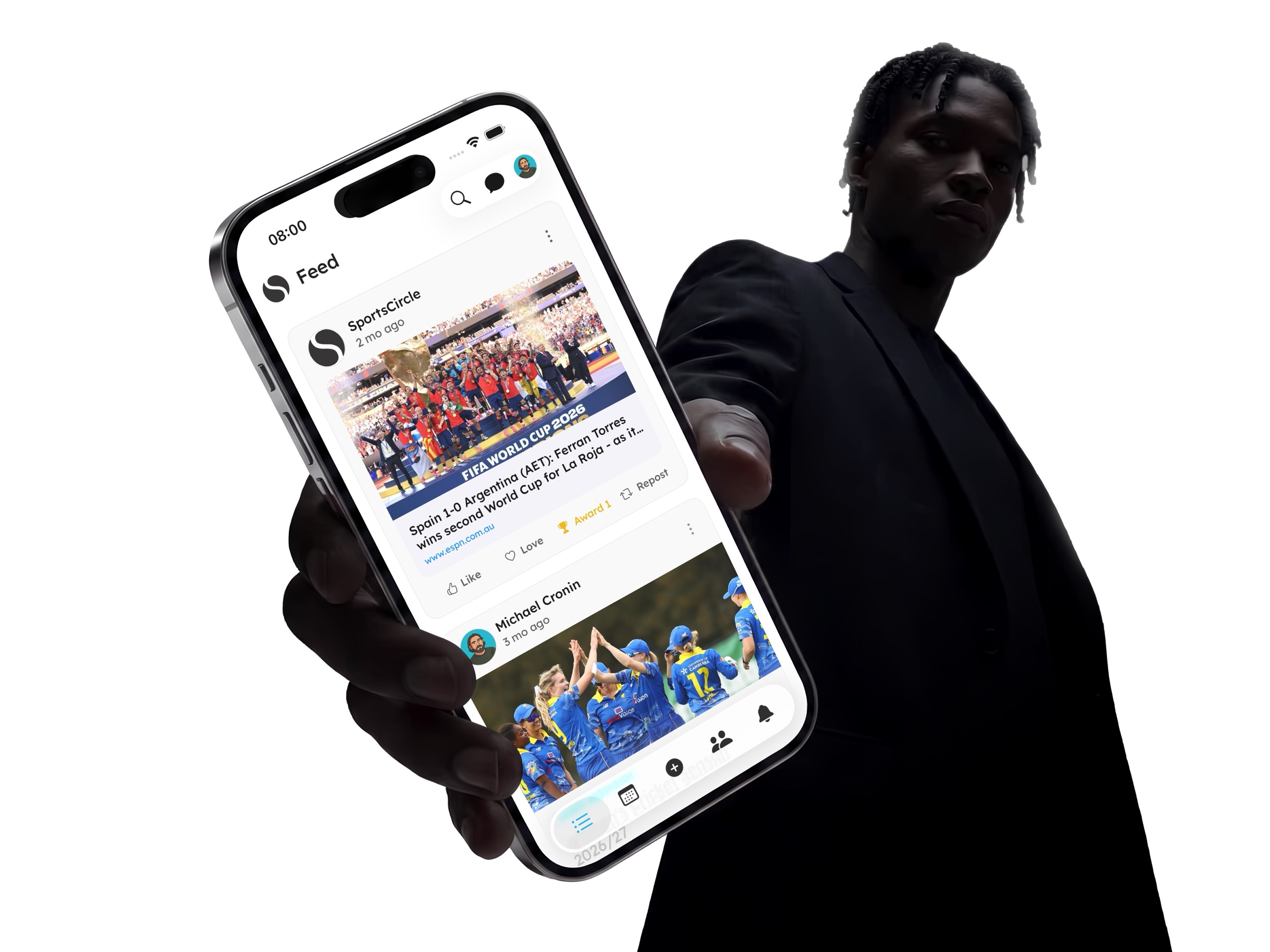 SportsCircle mobile app on iPhone — feed with sports news and posts