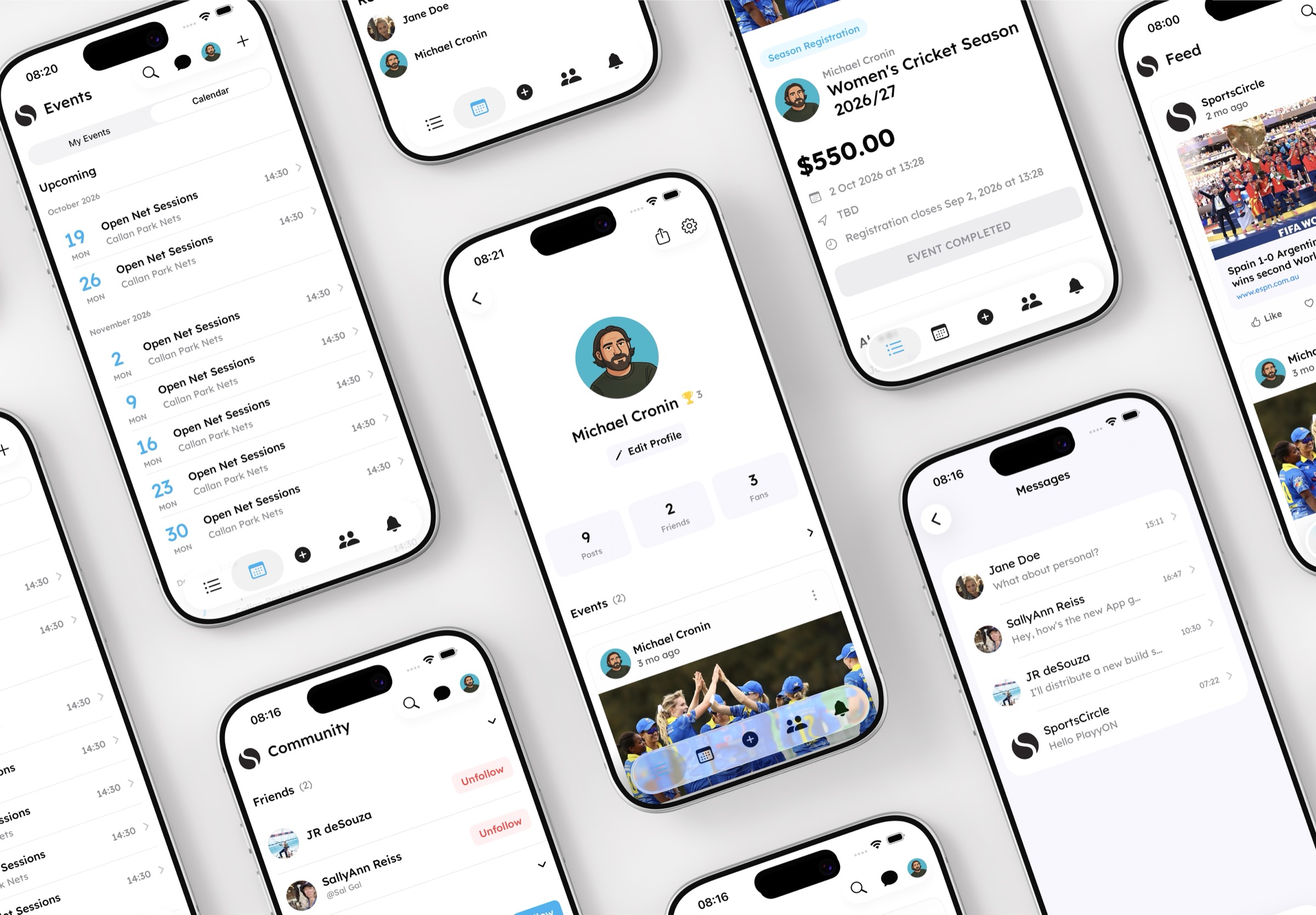 SportsCircle on iPhone — feed, events, profile, messages and registration